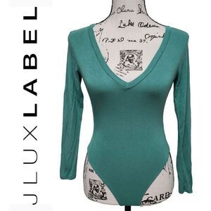 💚 JLUXLABEL Long Sleeve Deep V-Neck Green Snap Button Thong Bodysuit SIZE S